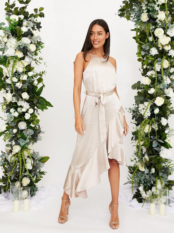 Style Cheat Halter Frill Satin Midi Dress