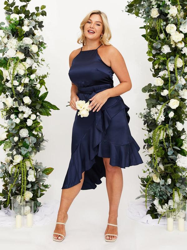 Style Cheat Halter Frill Satin Midi Dress