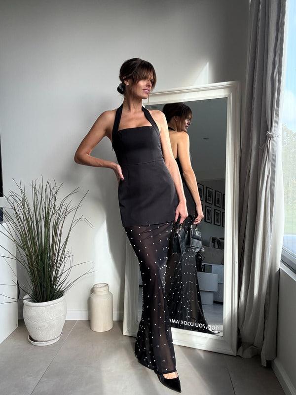 Style Cheat Halter Slip Pearl Dress In Black