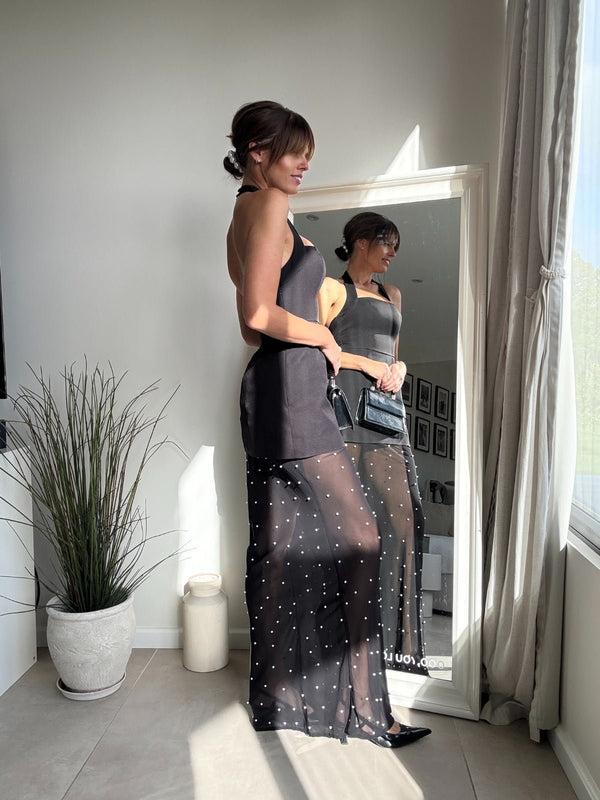 Style Cheat Halter Slip Pearl Dress In Black
