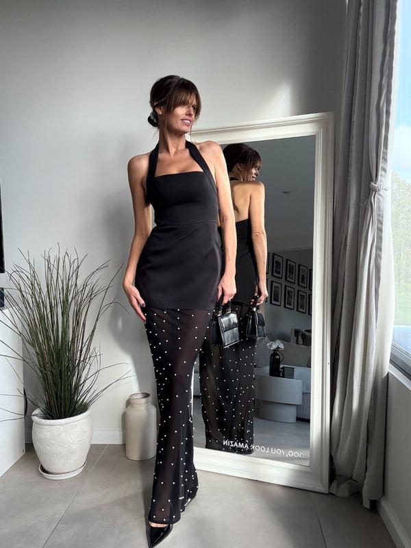 style cheat Halter Slip Pearl Dress in Black