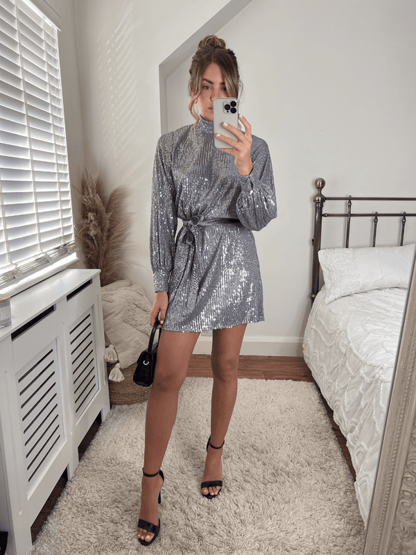 style cheat Hannah Sequin High Neck Mini Dress