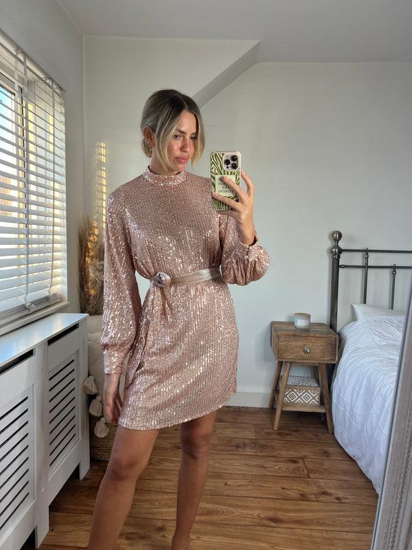 style cheat Hannah Sequin High Neck Mini Dress