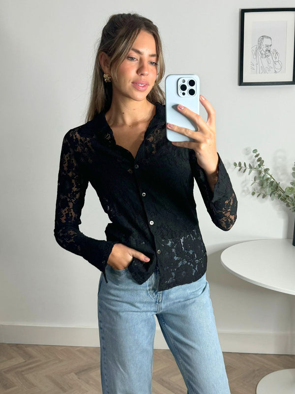 Style Cheat Lana Sheer Lace Shirt In Black