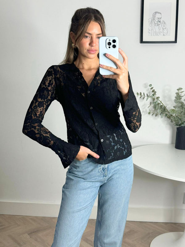 style cheat Lana Sheer Lace Shirt in Black