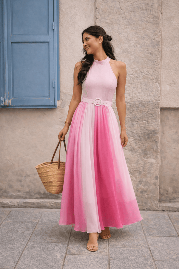 style cheat Luisa Belted Pleated Maxi Dress