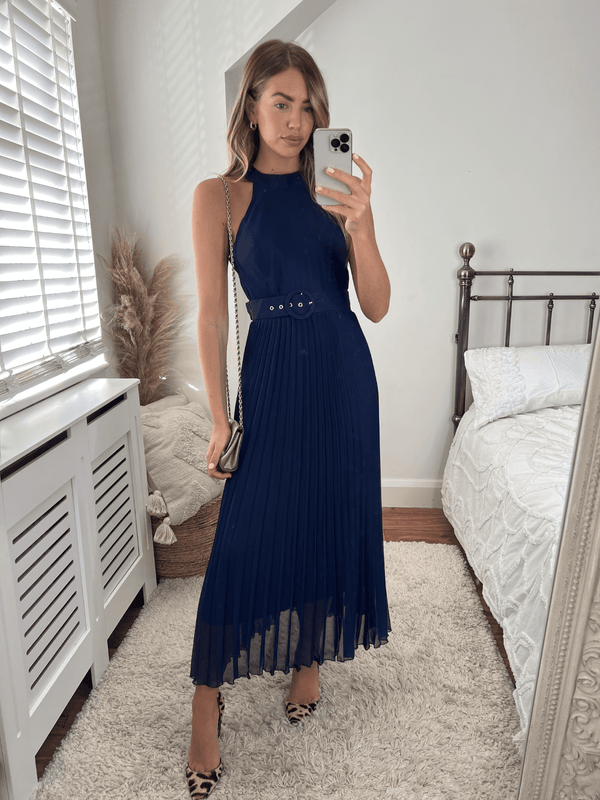 style cheat Luisa Belted Pleated Maxi Dress