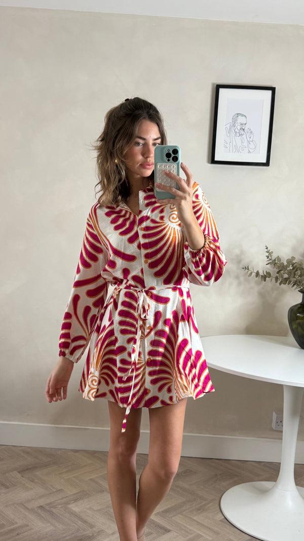 Style Cheat Myla Mini Tie Shirt Dress Red & Cream