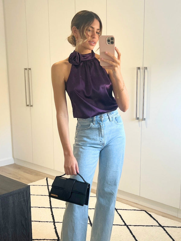 style cheat Nylah Satin Corsage Halter Top