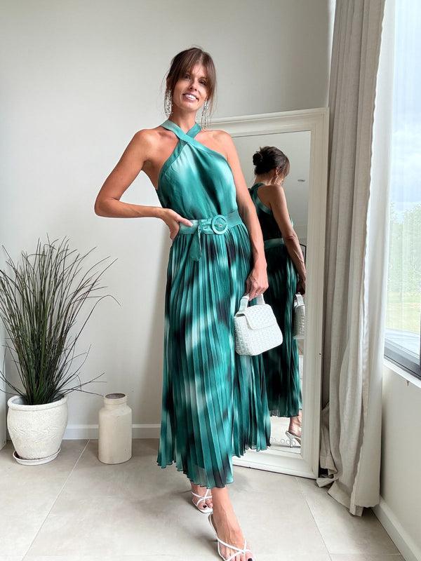 Style Cheat Paige Halter Pleated Belted Dress