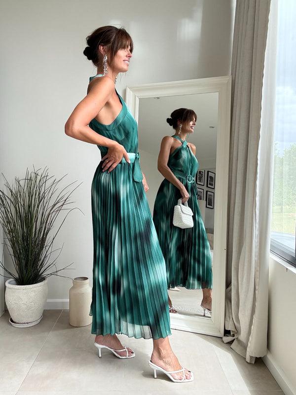 Style Cheat Paige Halter Pleated Belted Dress