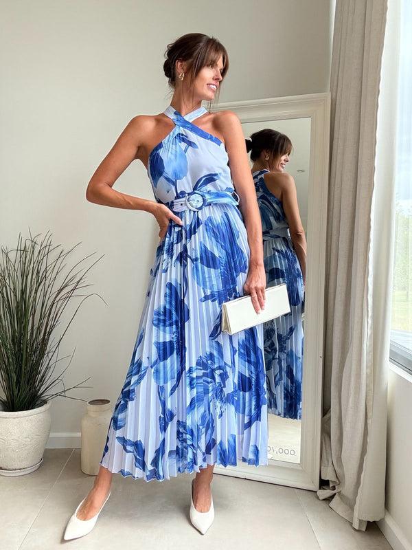 Style Cheat Paige Halter Pleated Belted Dress