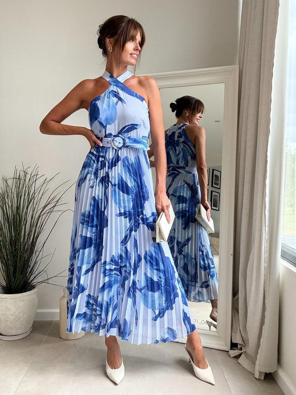 Style Cheat Paige Halter Pleated Belted Dress