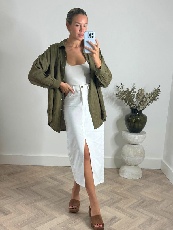 Style Cheat Piper Midi Twill Skirt In White