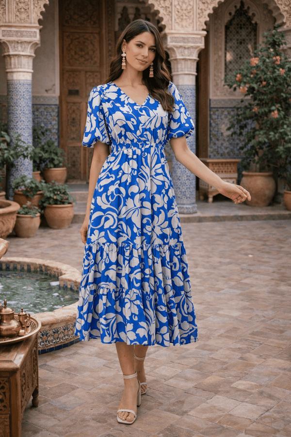 style cheat Puff Sleeve Midi Dress