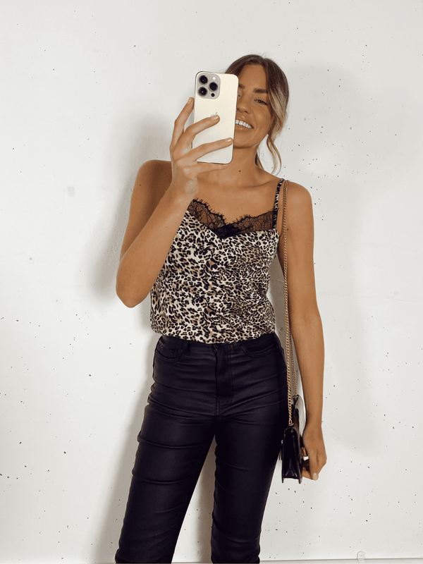 Style Cheat Rose Animal Print Lace Insert Cami Top