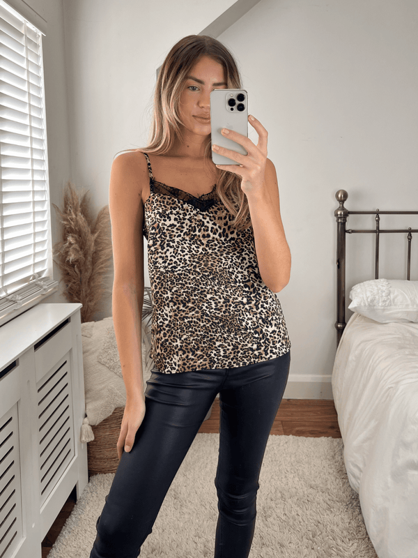 Style Cheat Rose Animal Print Lace Insert Cami Top