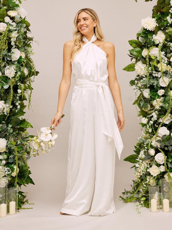 Style Cheat Satin Halter Bridal Jumpsuit