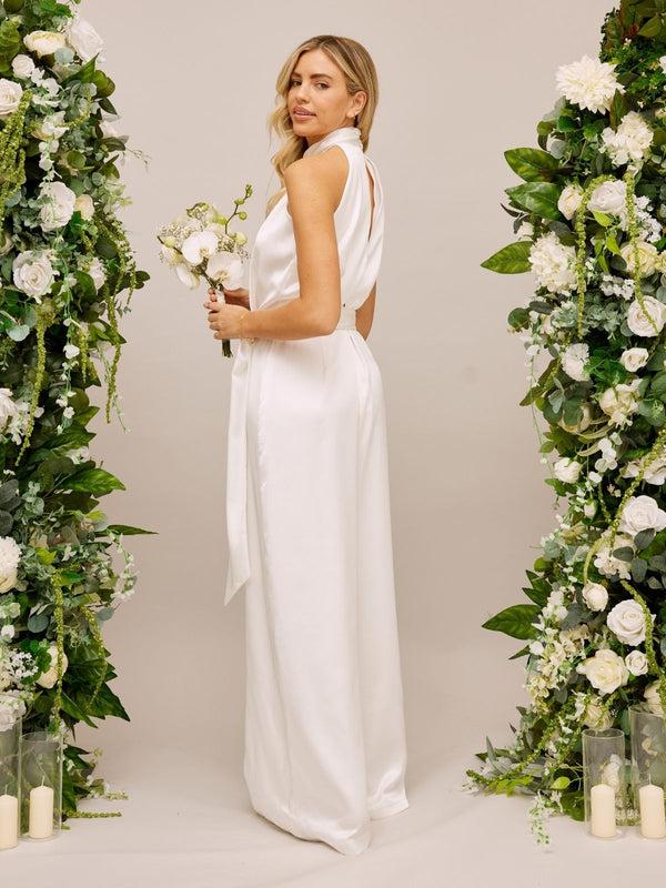 Style Cheat Satin Halter Bridal Jumpsuit