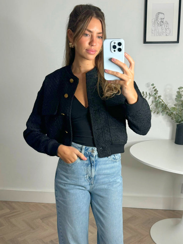 Style Cheat Textured Bomber Jacket In Black