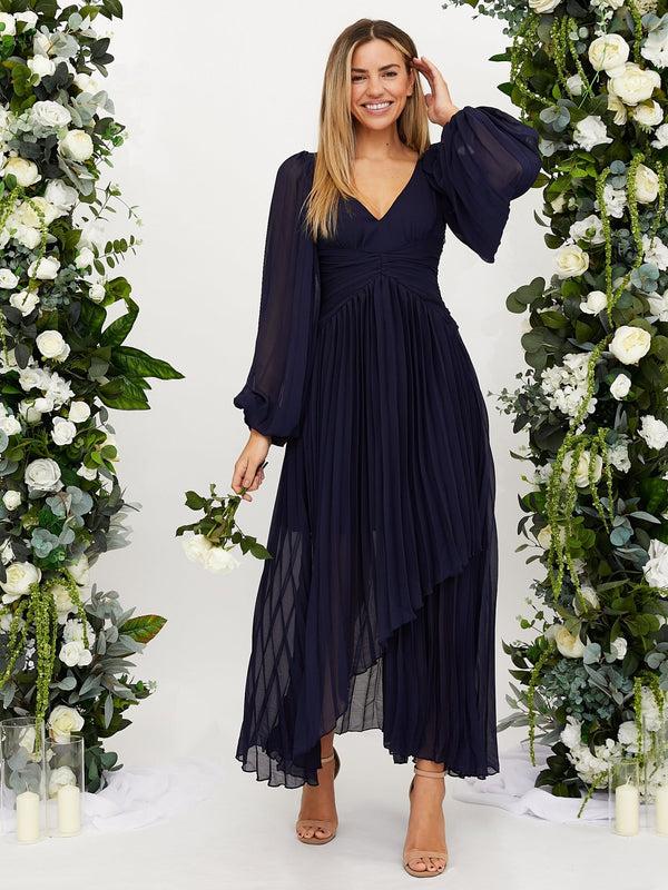 Style Cheat Toni Long Sleeved Pleated Maxi Dress