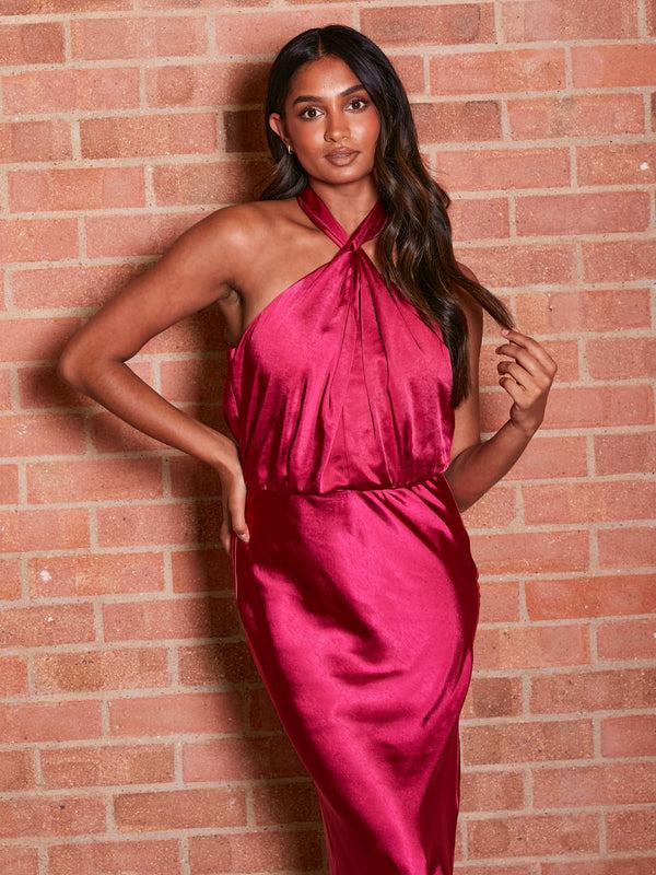 Style Cheat Twist Neck Satin Maxi Dress