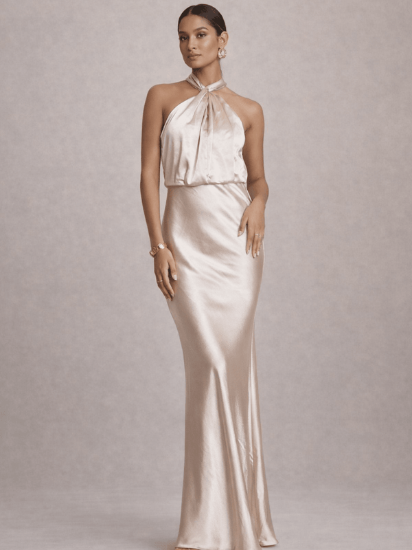 style cheat Twist Neck Satin Maxi Dress