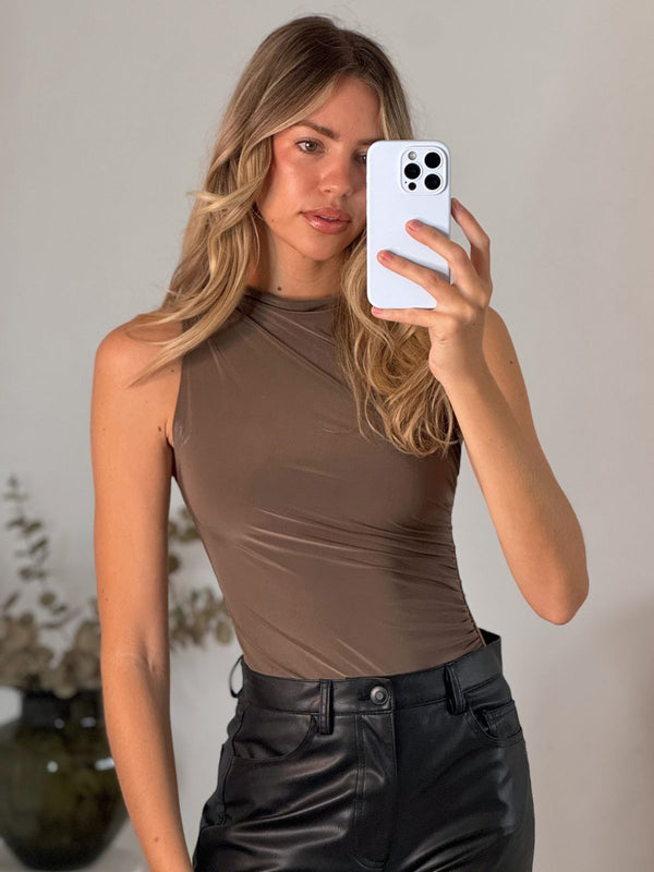 Style Cheat TWO PACK High Neck Ruched Bodysuit In Mocha & Black