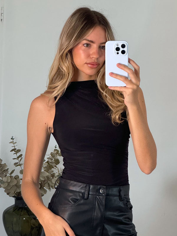 Style Cheat TWO PACK High Neck Ruched Bodysuit In Mocha & Black