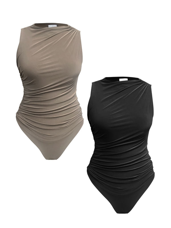 style cheat TWO PACK High Neck Ruched Bodysuit in Mocha & Black