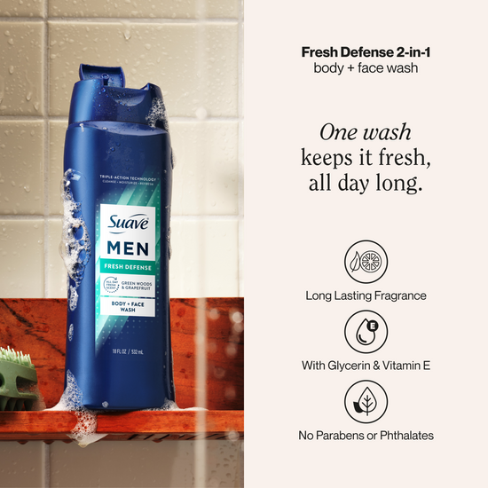 Suave Men's Fresh Defense Body + Face Wash
