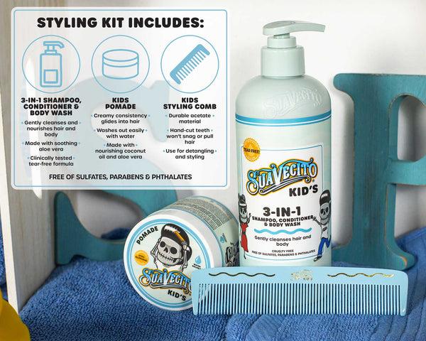 suavecito Suavecito Kids Styling Kit – Hair Pomade Detangling Spray & Comb Set for Boys & Girls | Gentle Tear-Free Water-Based Hair Care Essentials | Perfect Grooming Gift Set