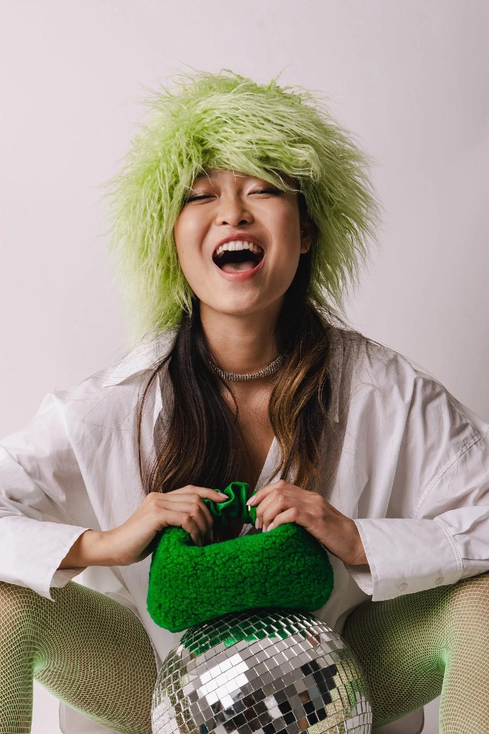 subella london GIGI Mini Shearling Fur Tote in Green