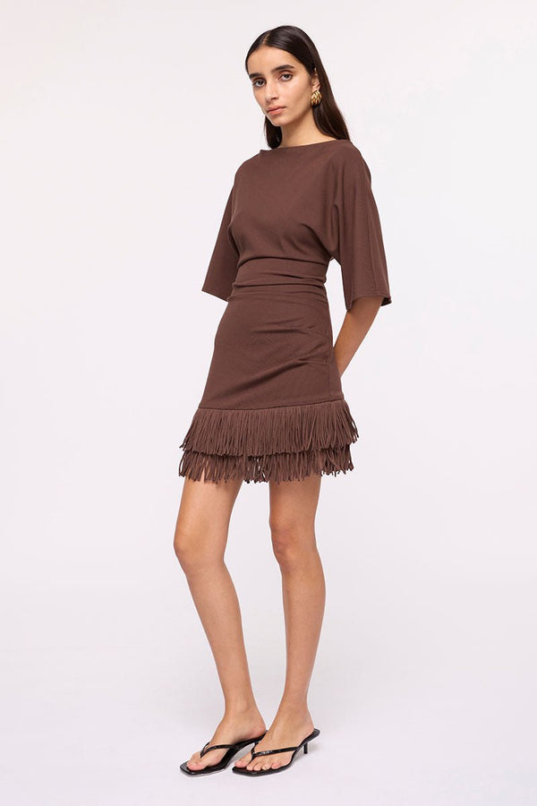 Suboo Carmen Cape Sleeve Fringe Hem Mini Dress -Chocolate
