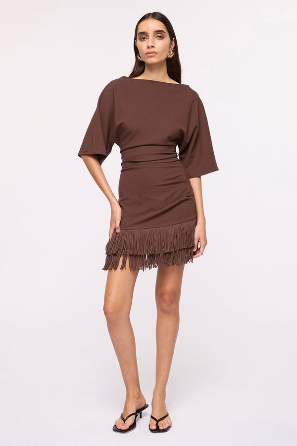 Suboo Carmen Cape Sleeve Fringe Hem Mini Dress -Chocolate