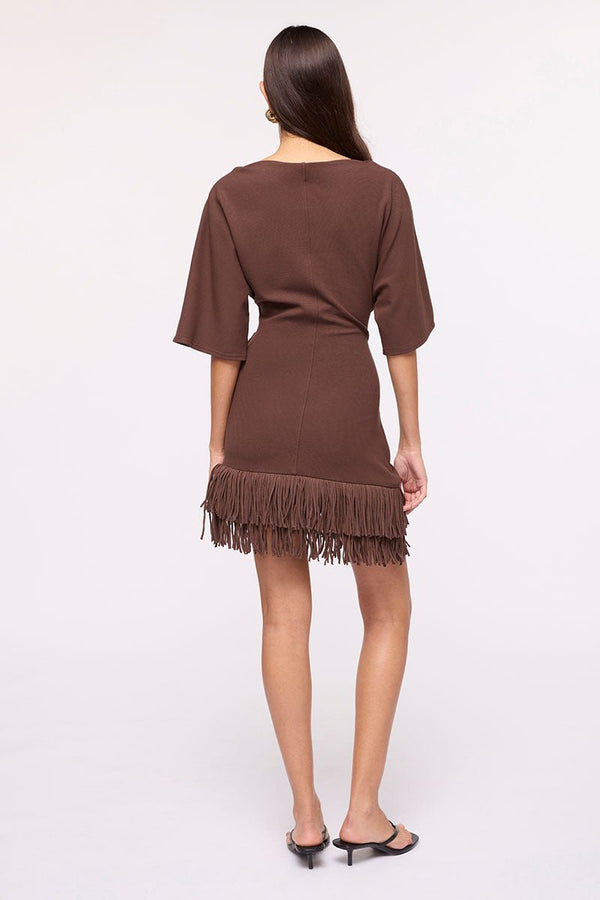 Suboo Carmen Cape Sleeve Fringe Hem Mini Dress -Chocolate