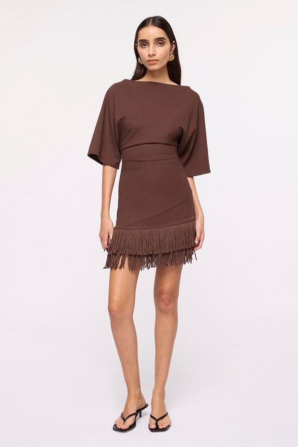 suboo Carmen Cape Sleeve Fringe Hem Mini Dress -Chocolate
