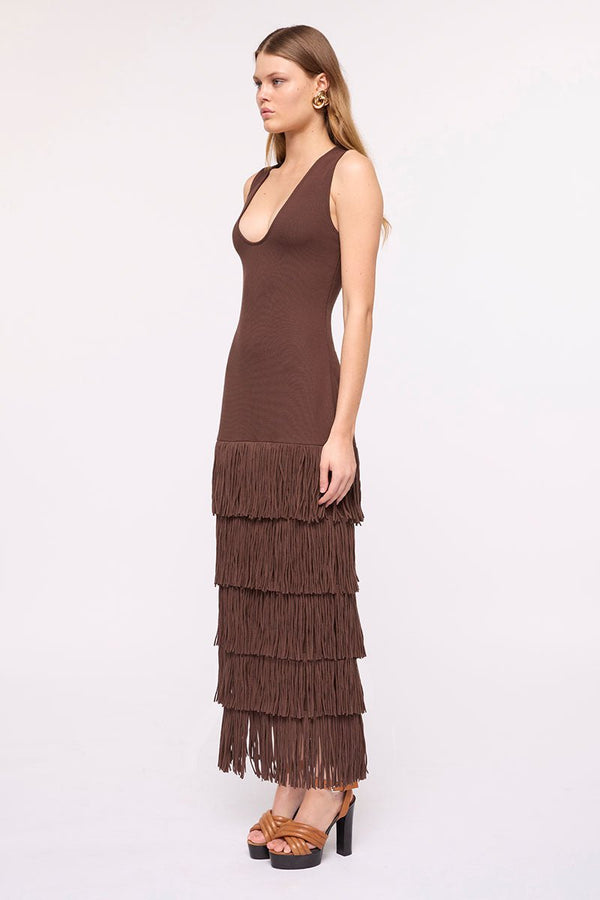 Suboo Carmen Sleeveless Fringed Hem Maxi Dress-Chocolate