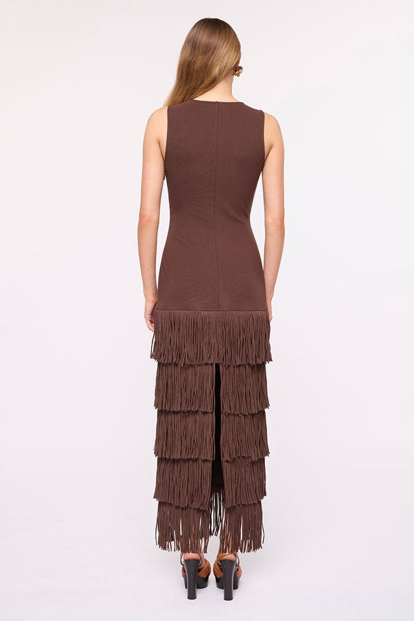 Suboo Carmen Sleeveless Fringed Hem Maxi Dress-Chocolate