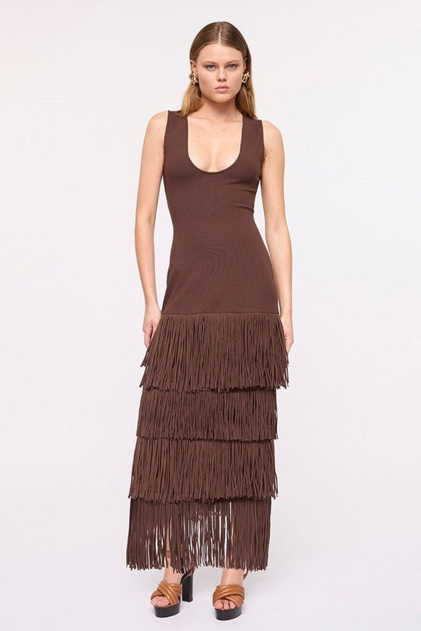 suboo Carmen Sleeveless Fringed Hem Maxi Dress-Chocolate