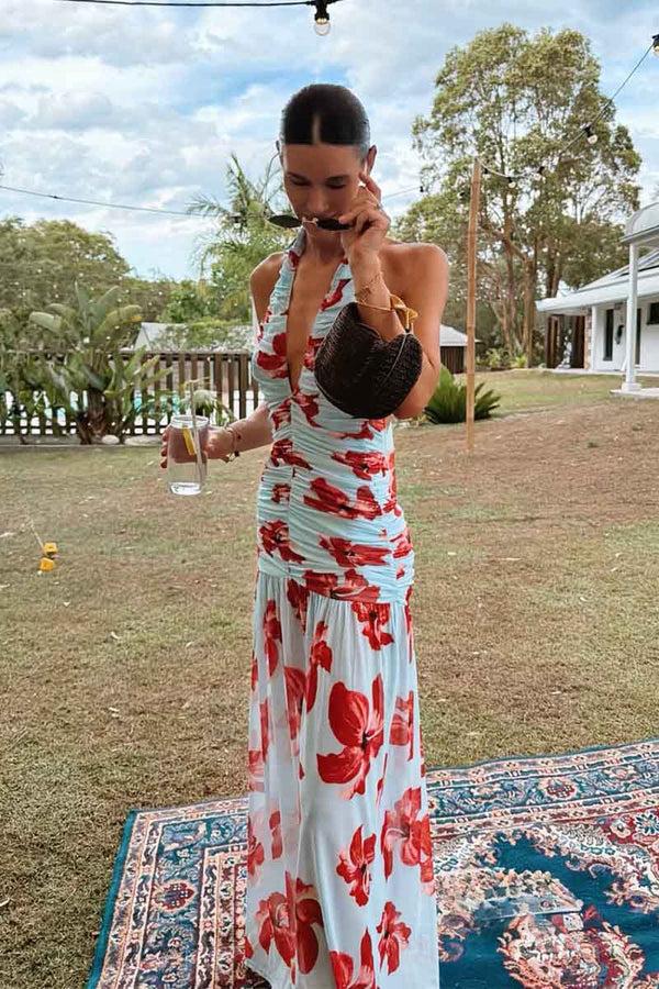 Suboo Chloe Floral Halter Mesh Plunge Maxi Dress – Blue Pink