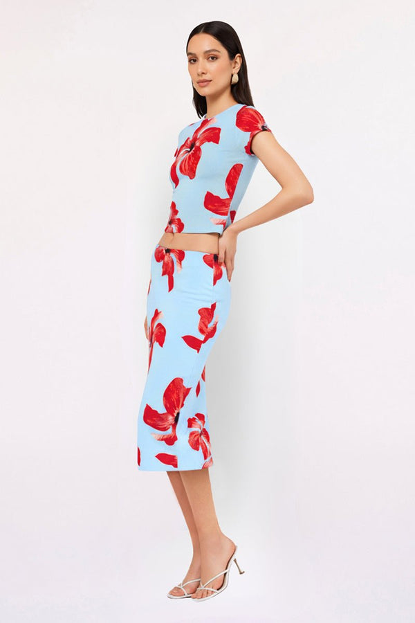 Suboo Chloe Floral Mesh Ruched Midi Skirt – Blue Pink