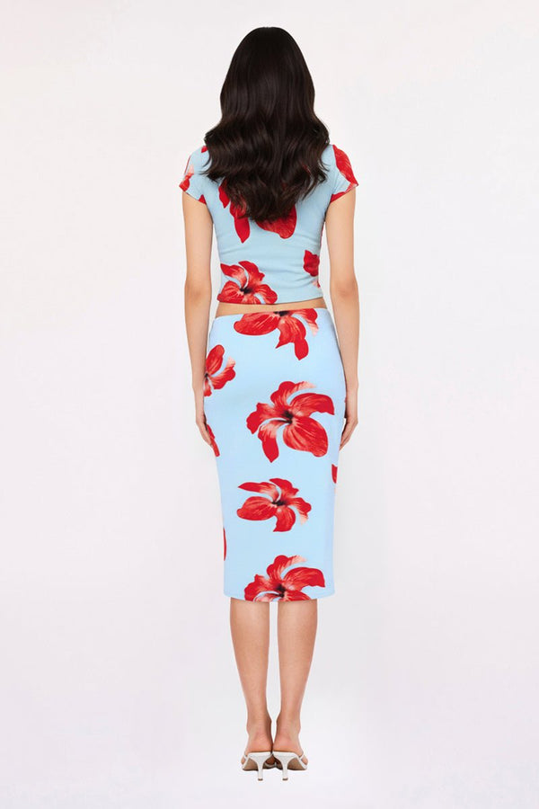 Suboo Chloe Floral Mesh Ruched Midi Skirt – Blue Pink