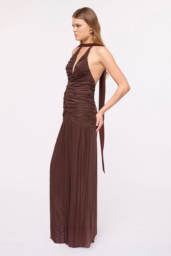 Suboo Chloe Halter Mesh Plunge Maxi Dress – Chocolate