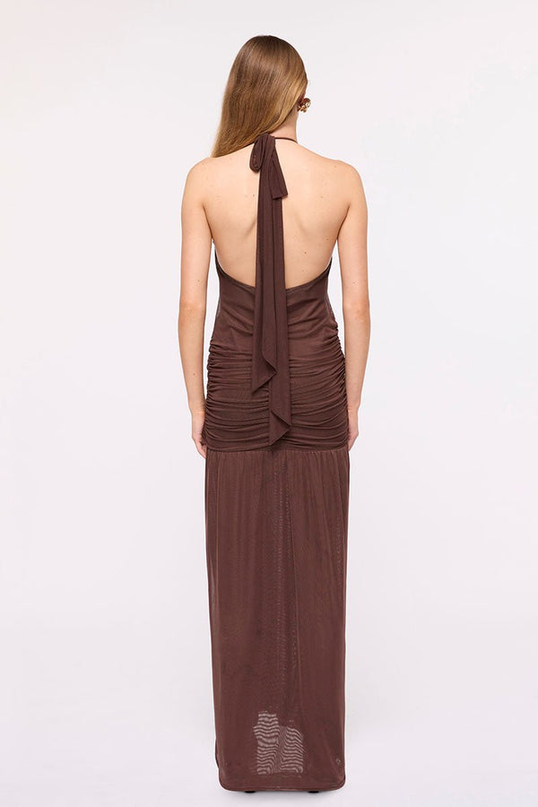 Suboo Chloe Halter Mesh Plunge Maxi Dress – Chocolate