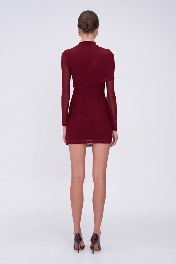 Suboo Christy Mesh Draped Long Sleeve Mini - Bordeaux