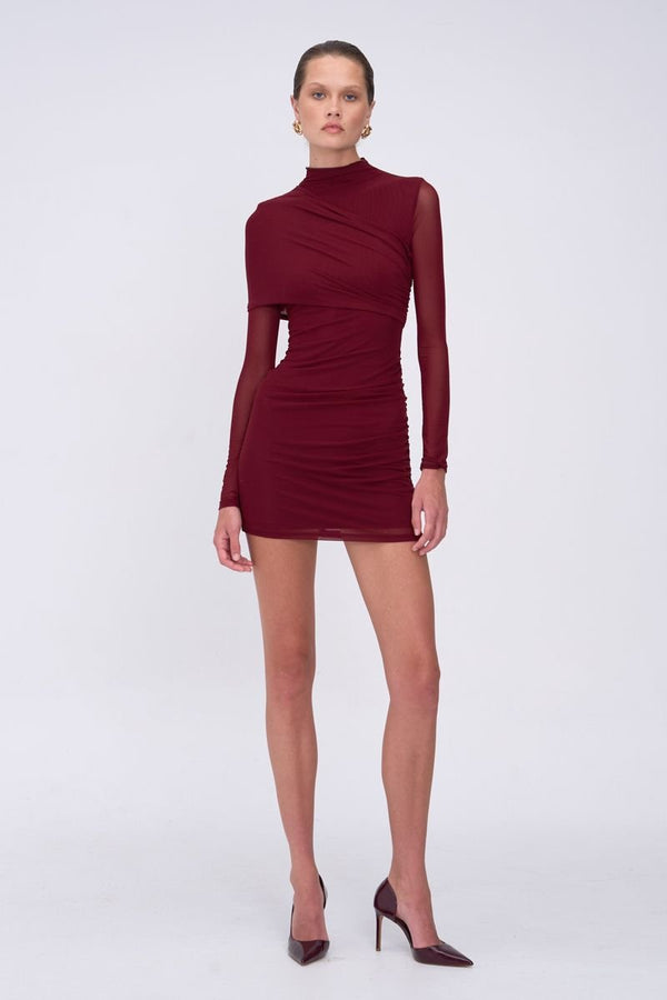 suboo Christy Mesh Draped Long Sleeve Mini - Bordeaux