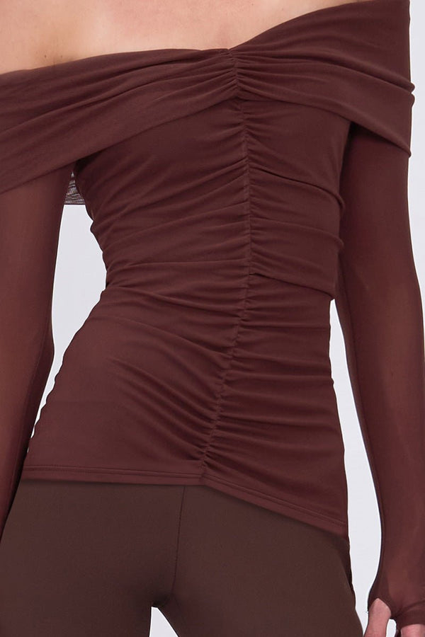 Suboo Christy Mesh Off Shoulder Long Sleeve Top - Espresso