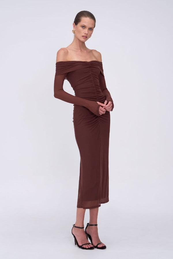 Suboo Christy Mesh Off Shoulder Midi Dress - Espresso