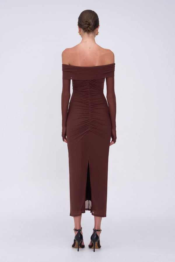 Suboo Christy Mesh Off Shoulder Midi Dress - Espresso